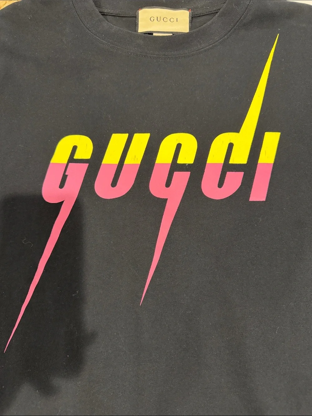 Gucci Black Short Sleeve Tee with Pink & Yellow Logo